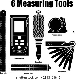 6 Herramientas de medición aislado vector sobre fondo blanco. Consiste en la medida láser, el medidor de alimentación, la medida de cinta, la regla de acero, la línea de cadena y la regla de plegado.