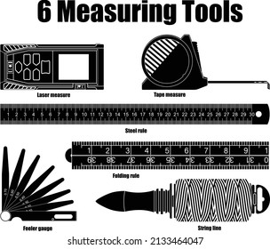 6 Herramientas de medición aislado vector sobre fondo blanco. Consiste en la medida láser, el medidor de alimentación, la medida de cinta, la regla de acero, la línea de cadena y la regla de plegado.