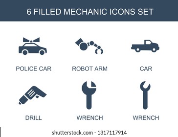 6 mechanic icons. Trendy mechanic icons white background. Included filled icons such as police car, robot arm, car, drill, wrench. mechanic icon for web and mobile.