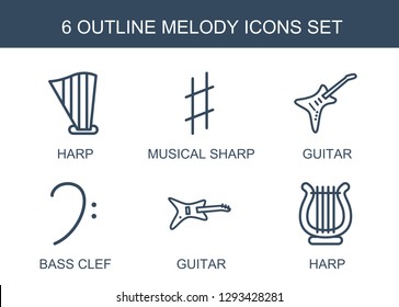 6 melody icons. Trendy melody icons white background. Included outline icons such as harp, musical sharp, guitar, bass clef. melody icon for web and mobile.
