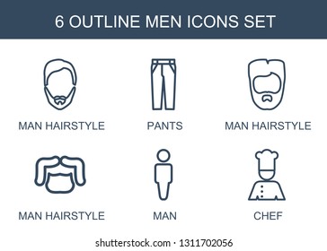 6 men icons. Trendy men icons white background. Included outline icons such as man hairstyle, pants, man, chef. men icon for web and mobile.