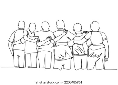 6 men standing in line to the side hugging each other's shoulders or waist. posing before a soccer match. boy's family photo. college friend's photo. coworker's photo. group photo after the event