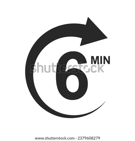 6 min countdawn sign. Six minutes icon with round arrow. Stopwatch symbol. Sport or cooking timer isolated on white background. Delivery, deadline, duration pictogram. Vector graphic illustration