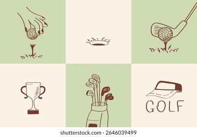 6 minimalist golf icons in hand drawn doodle style. Great for infographics, mobile app icons, sports brochures or club presentations.
