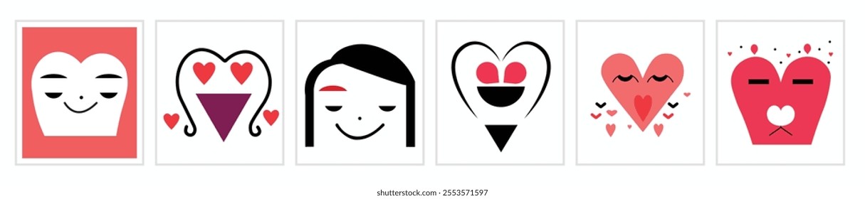 6 minimalist vector art pieces for Valentine's Day cards, featuring simple line drawings. designs include abstract love symbols and faces in various colors, such as reds, pinks, and black ink outlines