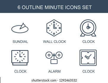 6 minute icons. Trendy minute icons white background. Included outline icons such as sundial, wall clock, clock, alarm. minute icon for web and mobile.