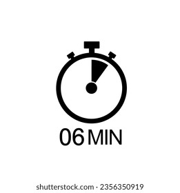 6 minute timer vector icon, 6 min stopwatch symbol.