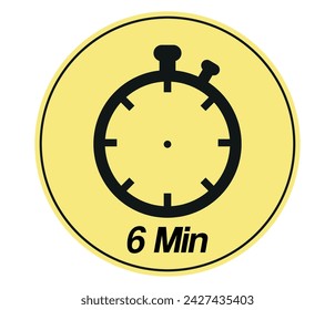 6 minutes stopwatch symbol. Timer sign icon yellow and black isolated on white background
