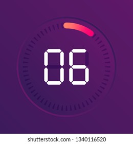 The 6 minutes, stopwatch vector icon, digital timer. Vector digital count down circle board with circle time pie diagram. Watch outline style design, designed for web and app.