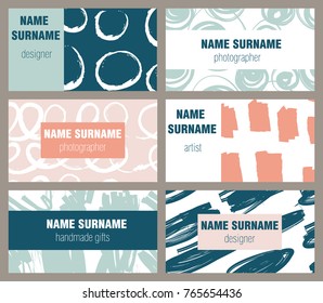 6 Modern abstract business cards with hand drawn grunge texture. Set of artistic creative cards. Modern minimalistic abstract design with hand drawn ink textures: brush strokes, stains, blob