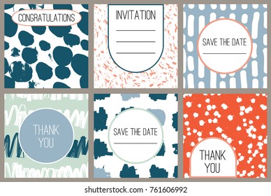 6 Modern abstract cards with hand drawn grunge texture. Wedding, birthday, party invitation, greeting cards, save the date, thank you. Set of artistic creative universal cards.  Vector