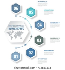 6 modern and clean hexagon design elements Business Infographics, strategy, timeline, design template blue grey color tone graphic illustration. Vector eps10.