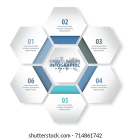 6 modern and clean hexagon design elements Business Infographics, strategy, timeline, design template blue grey color tone graphic illustration. Vector eps10.