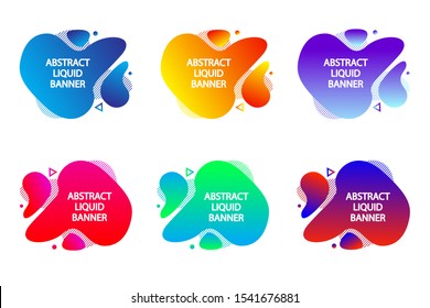 6 Modern liquid abstract element graphic gradient flat style design fluid vector colorful illustration set banner simple shape template for logo, presentation, flyer, isolated on white background.