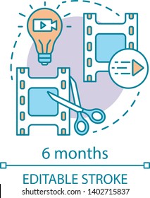 6 months concept icon. Video editor subscription tariff idea thin line illustration. Motion design program. Film editing. Applying effects. Vector isolated outline drawing. Editable stroke
