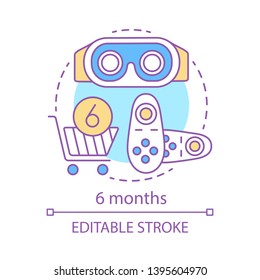 6 months concept icon. VR game subscription tariff idea thin line illustration. Virtual reality equipment. Service charge. Regular fee. Control lever. Vector isolated outline drawing. Editable stroke