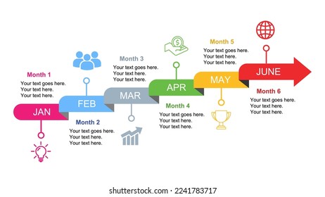 6 Months timeline infographic template. Arrow steps infographic design. Can be used for business presentation or any purposes. Vector EPS10 