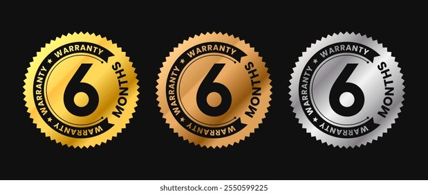 ícone de garantia de 6 meses em círculo dourado com texto circular. Seis meses de garantia etiqueta em ouro, bronze, cores prateadas. Ilustração vetorial