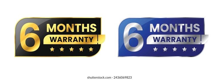 6 Months warranty label, badge, icon, logo. Parallelogram rhombus shape with gold and silver color. Vector Illustration