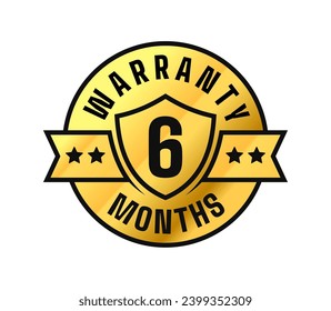 6 months warranty. Shield, stars, ribbon circle gold label. For icon, logo, seal, tag, sign, symbol, badge, stamp, sticker, etc. Vector