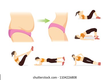 6 Moves to Burn belly fat to flat Stomach with workout. Illustration about body and exercise.