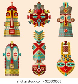 6 multi-colored african masks of different shapes. Vector illustration