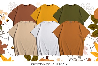 6 or multiple different colour linke merun , yellow , deep green , cream ,white and dark brown clour blank t shirt mockup collection to display your unique designs