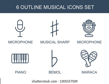 6 musical icons. Trendy musical icons white background. Included outline icons such as microphone, musical sharp, piano, bemol, maraca. icon for web and mobile.