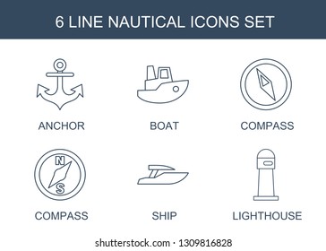 6 nautical icons. Trendy nautical icons white background. Included line icons such as anchor, boat, compass, ship, lighthouse. nautical icon for web and mobile.