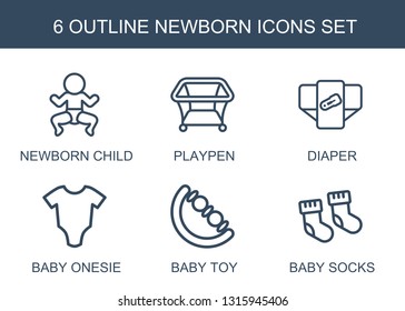 6 newborn icons. Trendy newborn icons white background. Included outline icons such as newborn child, playpen, diaper, baby onesie, baby toy. icon for web and mobile.