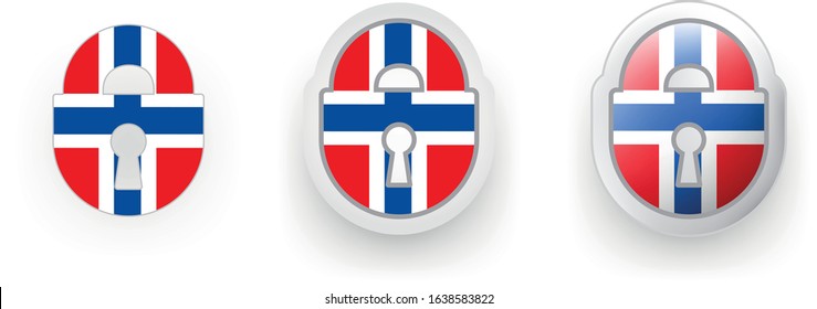 6 Norway vector icons - button shield and gear, flat and volumetric style in flag colors red, blue, white for flyer any holiday design or poster