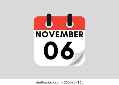 6 November calendar icon text page monthly web design on red, white, black and ash background vector, icon, or illustration with the month of November 6