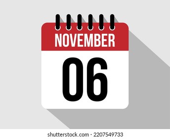 6 November calendar vector icon. Red november date for the days of the month