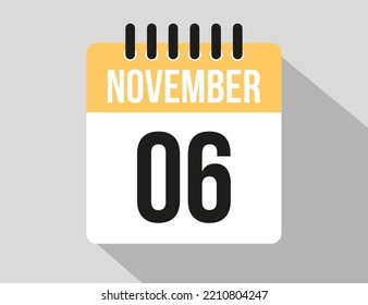 6. November Kalendervektor Symbol. Gelbes Novemberdatum für die Tage des Monats und der Woche