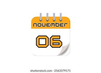 6 November month single day vector, illustration, calendar with yellow, black and white color background calendar November 6