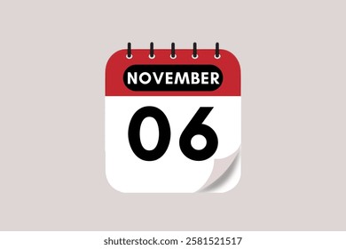 6 November month single day vector, illustration, calendar with rose red, black and off-white color background calendar November 6