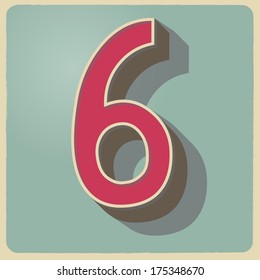 6 number of 3d vector illustrated relief retro font with shadow