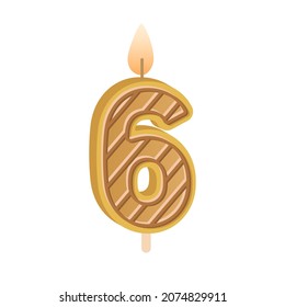 6 number candle for birthday cake. Wax decor for 6th year anniversary. Sixth age figure-shaped decoration with glowing flame. Flat vector illustration isolated on white background