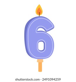 6 number candle for birthday cake. Wax decor for 6th year anniversary. Sixth age figure-shaped decoration with glowing flame. Flat vector illustration isolated on white background