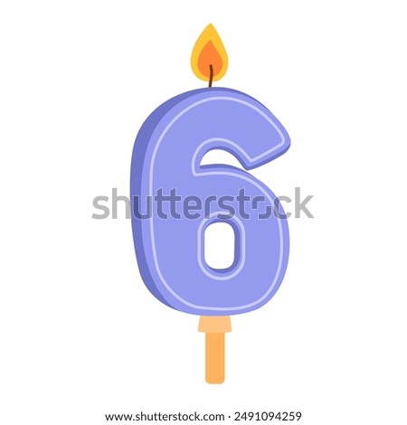6 number candle for birthday cake. Wax decor for 6th year anniversary. Sixth age figure-shaped decoration with glowing flame. Flat vector illustration isolated on white background