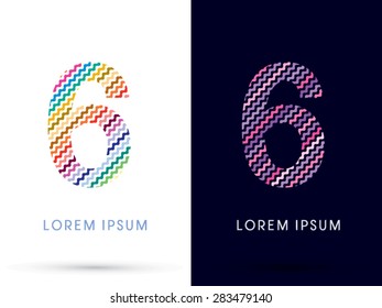 6 Number ,Colorful font designed using zigzag line, graphic vector.