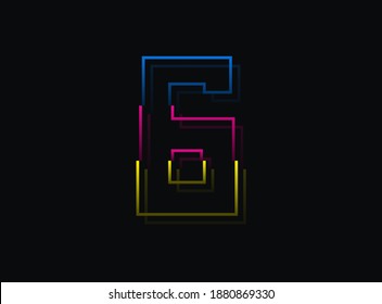 6 number font, vector design logo. Dynamic, split-color, blue, pink, yellow on black background. Eps10 illustration