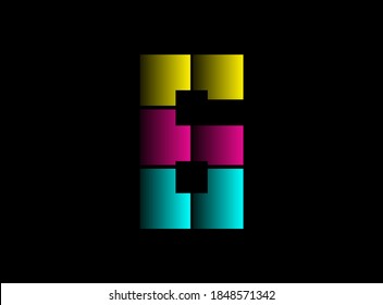 6 number font, vector logo made of Cmyk color. Dynamic split blue, pink, yellow color on black background. For social media,design elements, creative poster, web template etc.                       