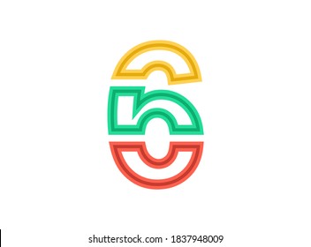 6 number logo, vector outline stroke font. Slice, cut design with red, green, yellow colors. For design element, creative poster, brand label, web template and more 