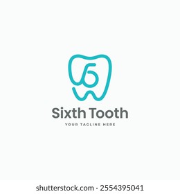 6 number six with tooth simple line logo vector icon illustration template