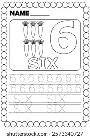 6, Number Six.Carrot.Number tracing worksheet for kindergarten.Preschool math practice.Coloring page.Kids learning.Activity for children.Book page with outline.Printable.Cartoon vector illustration.