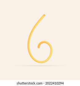 6 number spaghetti design. Vector hand draw realistic food font. Isolated Italian pasta for tasty poster, restaurant identity, gourmet element and more