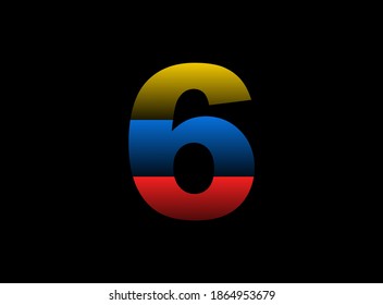 6 number vector desing, font logo. Dynamic split red, blue, yellow color on black background. For social media,design elements, creative poster, web template    


