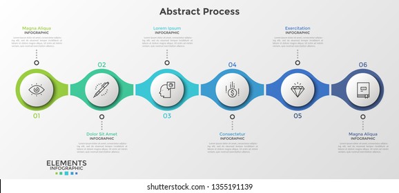 6 numbered round elements with thin line icons inside successively connected into horizontal chain. Minimal infographic design template. Vector illustration for presentation, banner, website, report.