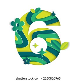 6 Numeric Number Character Environmental Eco Environment Day Leaf Font Letter Cartoon Style Abstract Paper Sparkle Shine Green Mountain Geography Contour 3D Paper Layer Cutout Card Vector Illustration